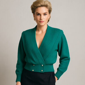 Vintage Sideffects Sweater Size M Green Pearl Buttons Balloon Sleeve Deep Neck